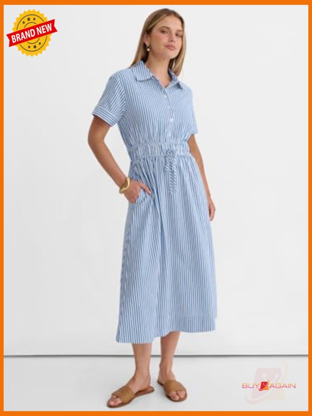 Women's Midi Dress Short Sleeve Striped Button Collar Casual Beach Dress - Picture 3 of 7